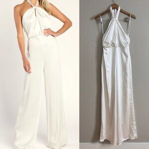 NWOT Adoring Angel Ivory Satin Wide-Leg Halter Jumpsuit